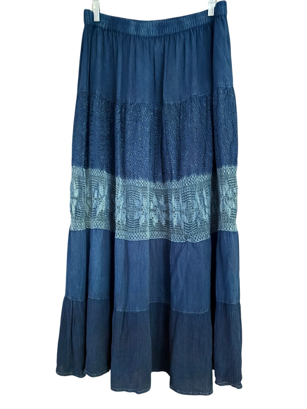 Studio West Indigo Maxi Skirt Tiered Eyelet Crochet Lace Coastal Cowgirl Sz M